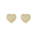 Golden heart-shaped stud earrings with moissanite centre on silver background
