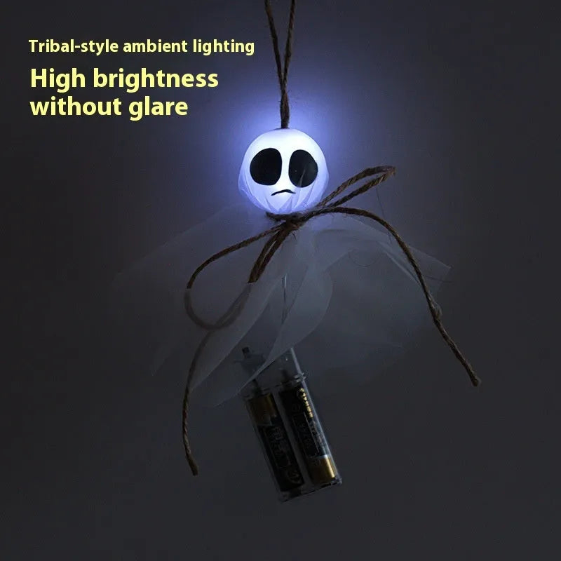 Halloween ghost-themed LED lighting chain with coloured PVC shells and a battery pack