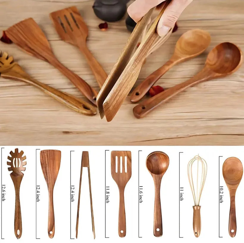 Seven-piece wooden cooking utensil set including spoon and slotted spoon for non-stick pans.