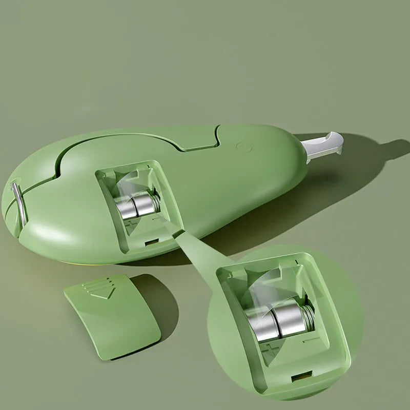 Green professional pet nail clipper with LED light on, showing safety guard and ergonomic handle.
