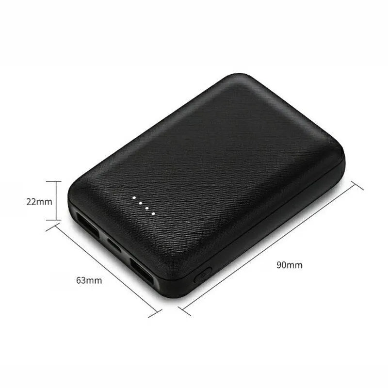 Large capacity ultra-thin power bank 10000mAh with multi-U ports in Black, 90x63x22mm plastic shell