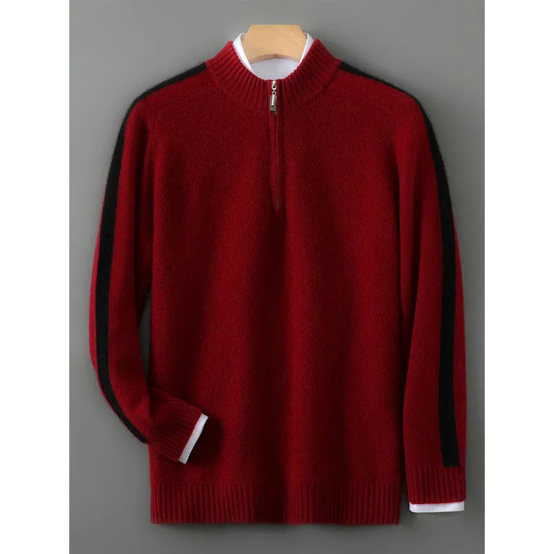 Women's half-zip wool knit sweater in slim fit showing Chinese red colour option