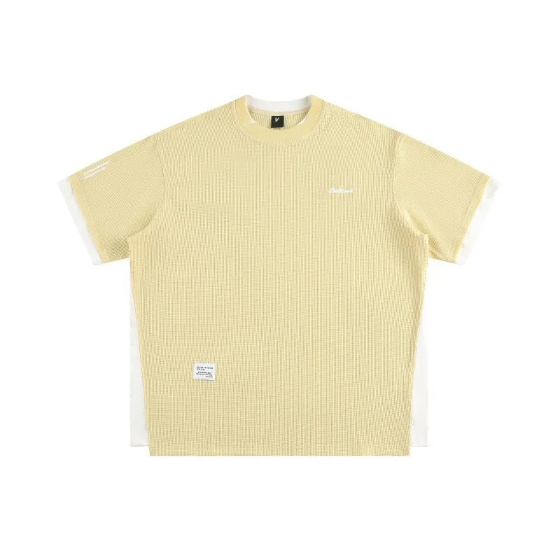 Retro alphabet embroidered loose waffle T-shirt in polyester fabric with short sleeves
