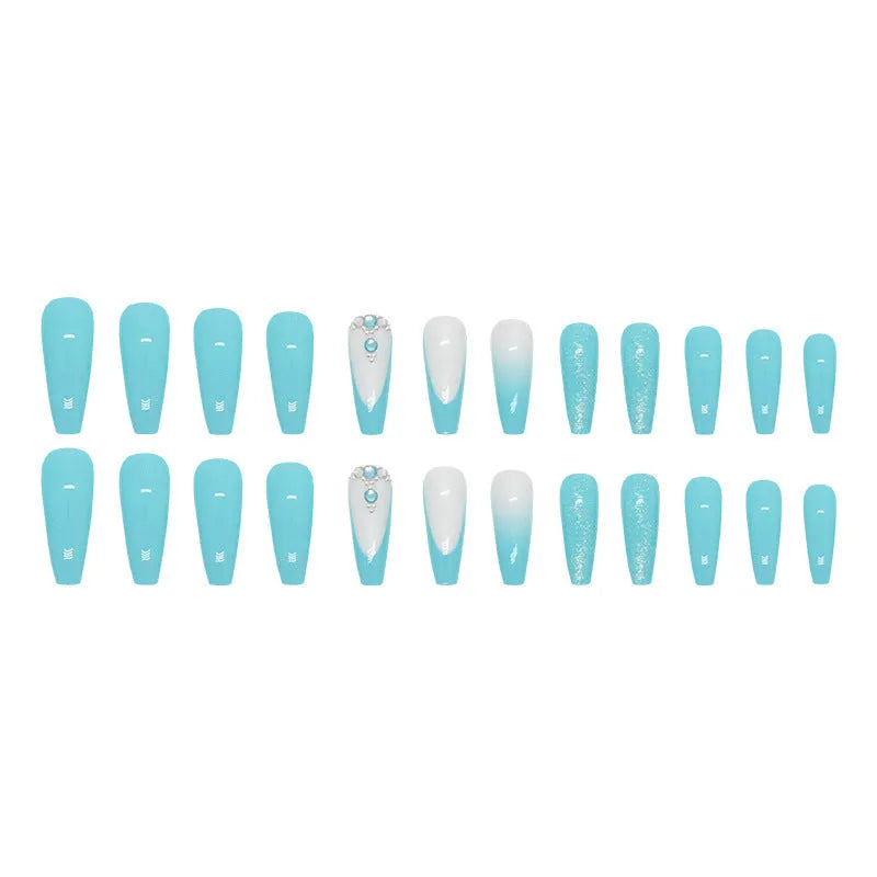 Smart blue diamond artificial long ballet nails with debris salt decorative design