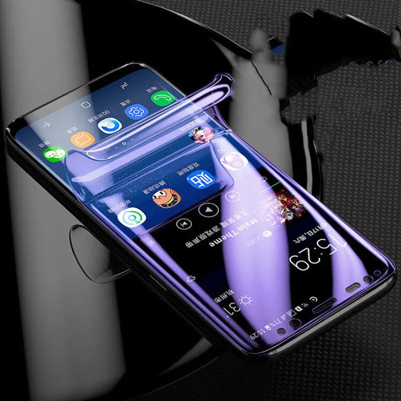 Purple hydrogel screen protector for curved Samsung Galaxy phones on display
