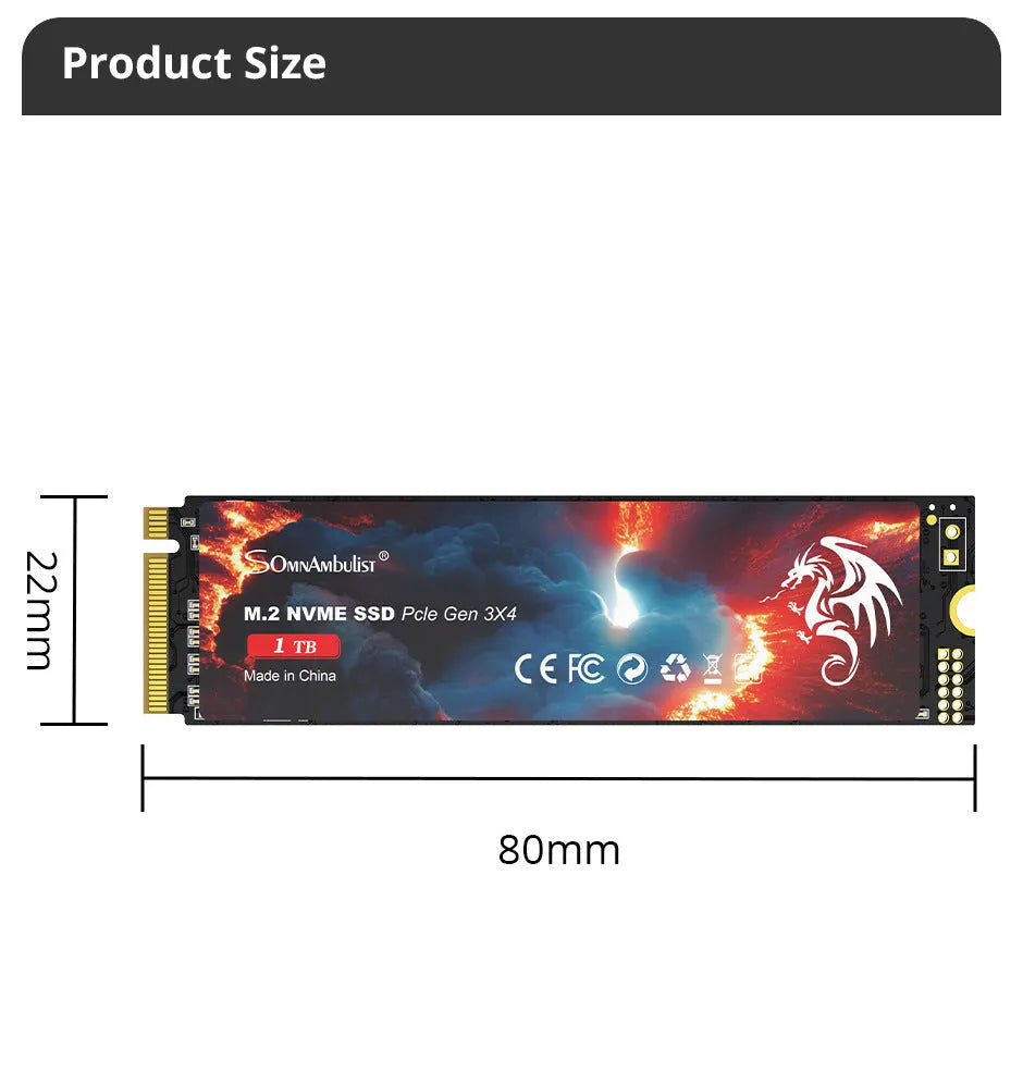 M.2 Solid State Drive for desktop computers showing compact 80mm by 22mm form factor.