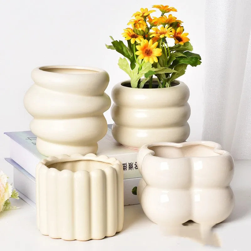 Roman column matte yellow ceramic flower pot for home plant decoration