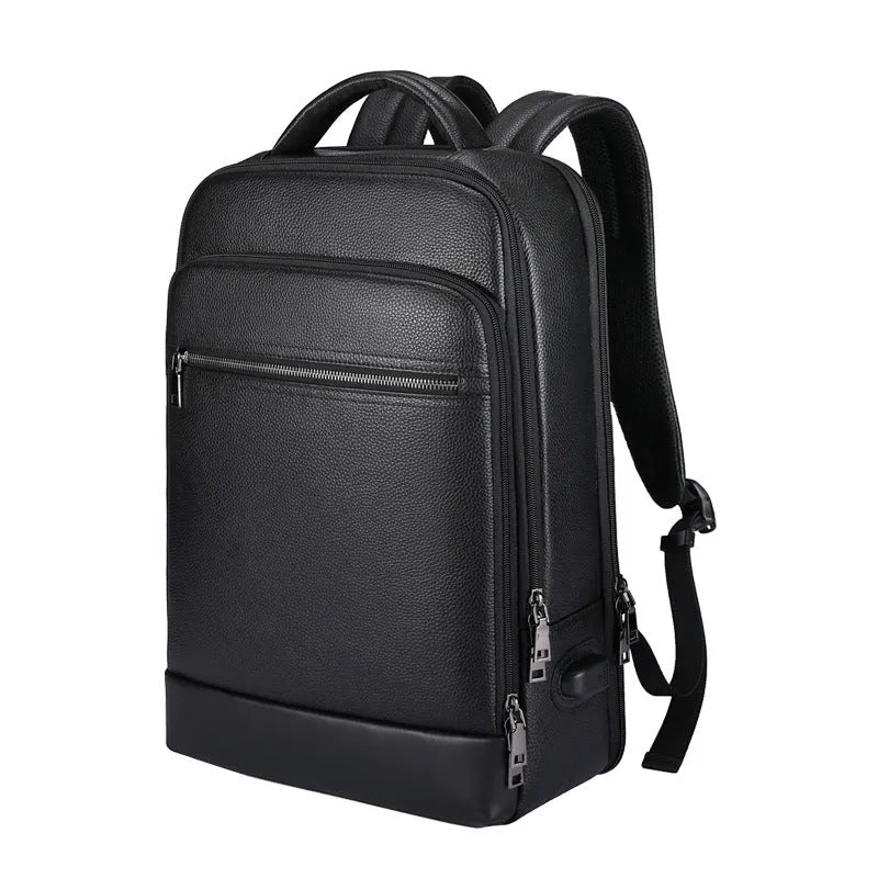 Black genuine leather men's business laptop backpack with curved shoulder straps.
