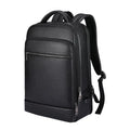 Black genuine leather men's business laptop backpack with curved shoulder straps.