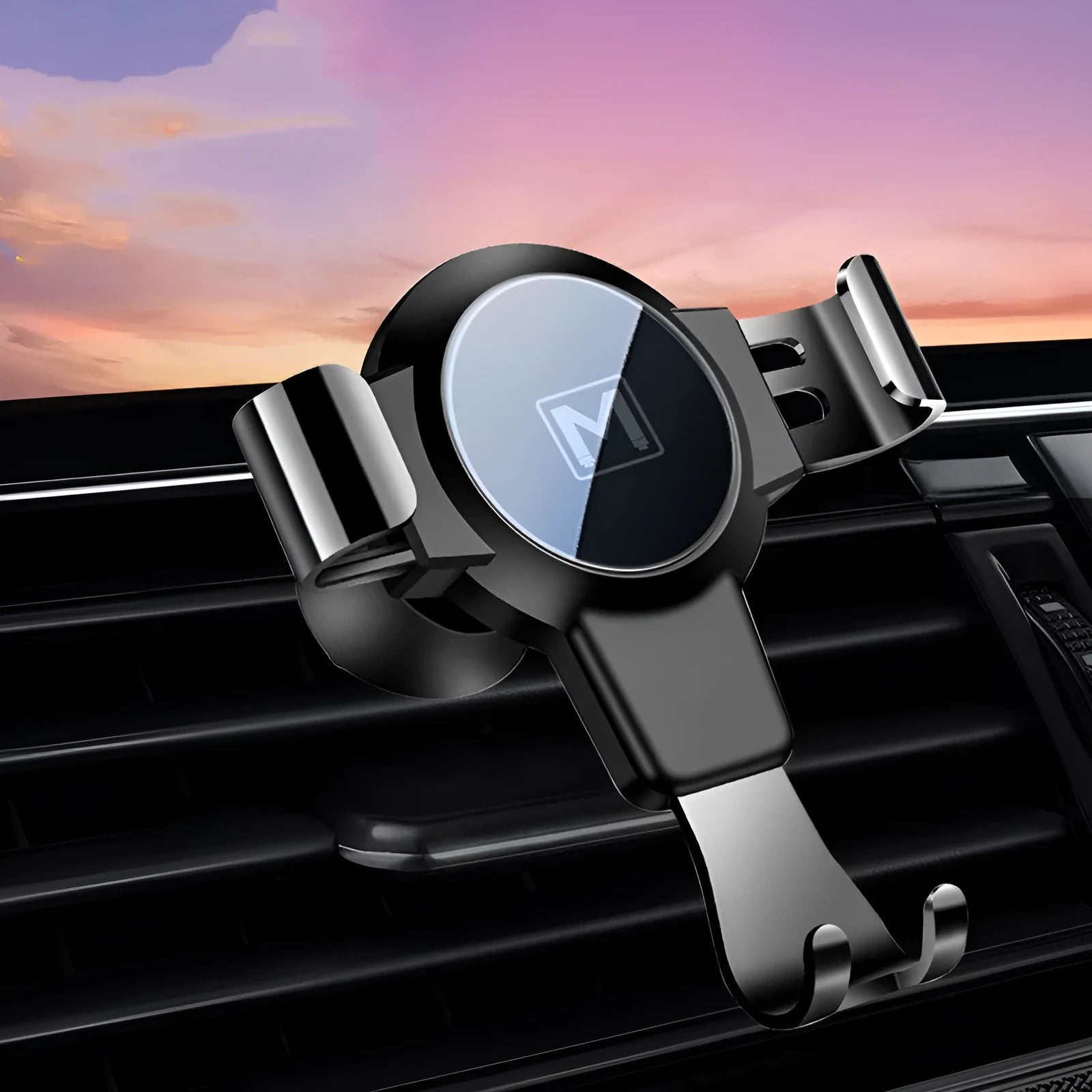 Black S4 gravity mirror car phone bracket mounted on a car air vent, holding a smartphone.
