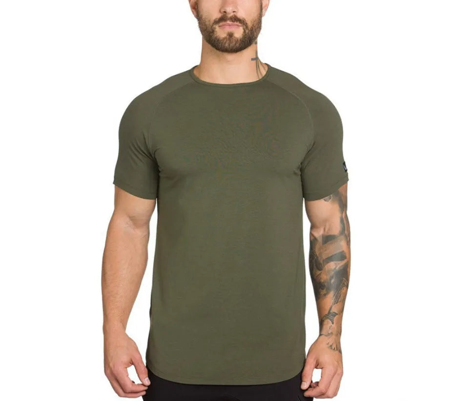 Men's plain and custom letter print gym shirt in cotton spandex blend for fitness.