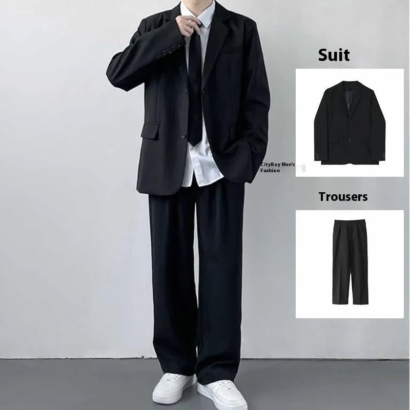 Men's plus size college style three-piece suit set with white shirt and tie