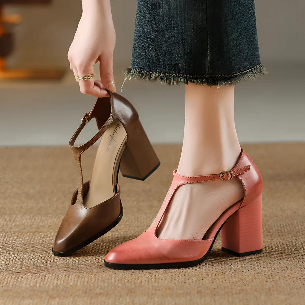 Retro pointed-toe women's Mary Jane shoes in dark brown leather with a buckle and hollow Baotou design.