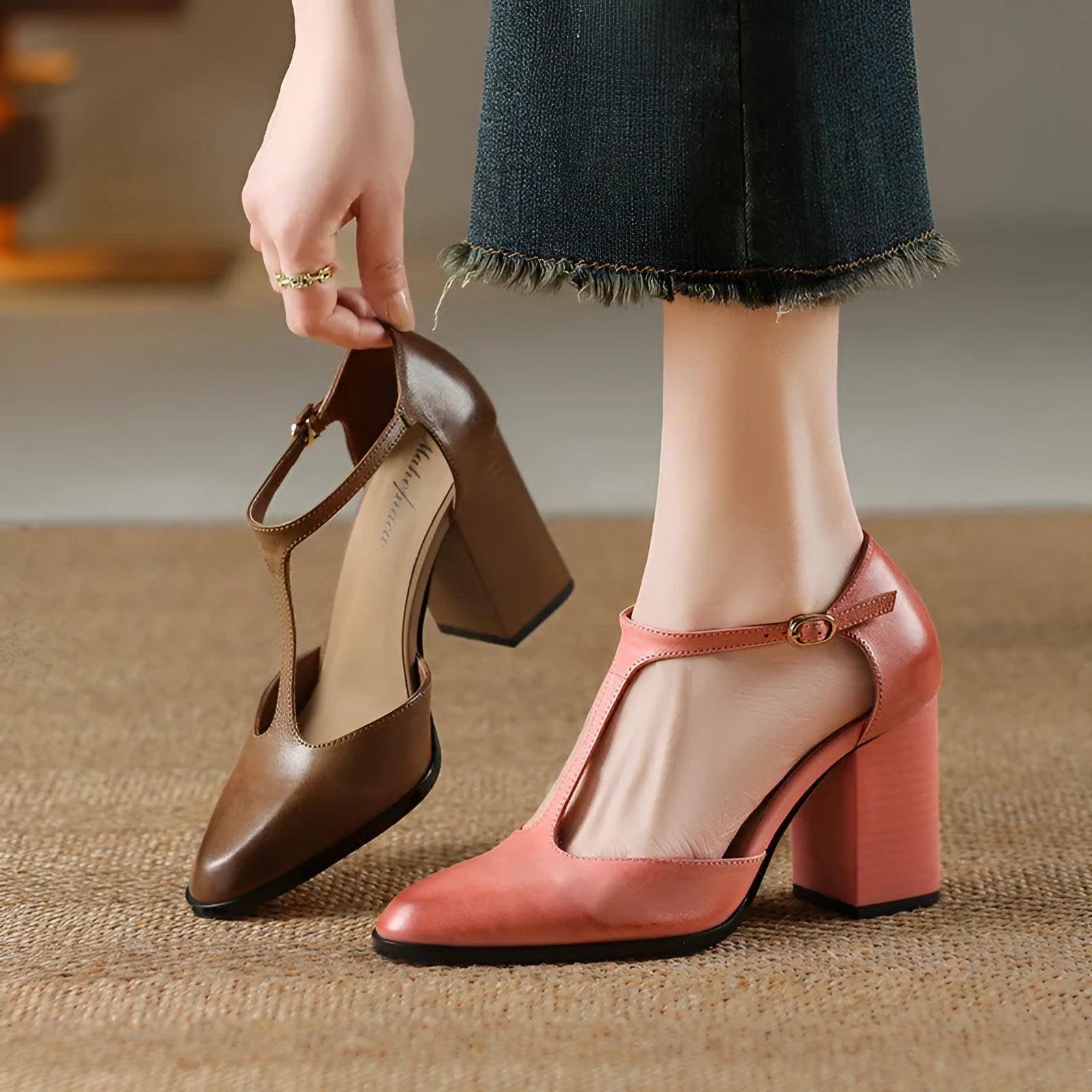 Retro pointed-toe women's Mary Jane shoes in dark brown leather with a buckle and hollow Baotou design.