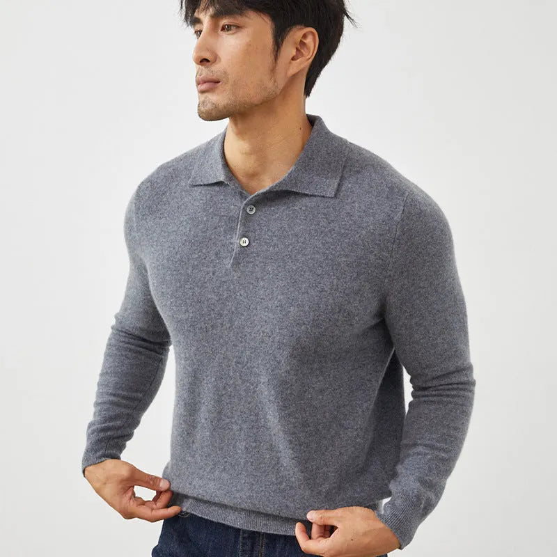 Pure cashmere men's polo collar pullover sweater in loose fit style