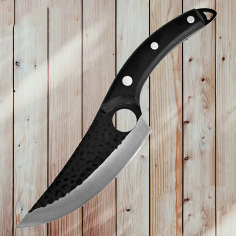 Slaughter cutting meat boning small scimitar knife with 5CrMoV15 high carbon steel hammer pattern blade and black handle, leather cover