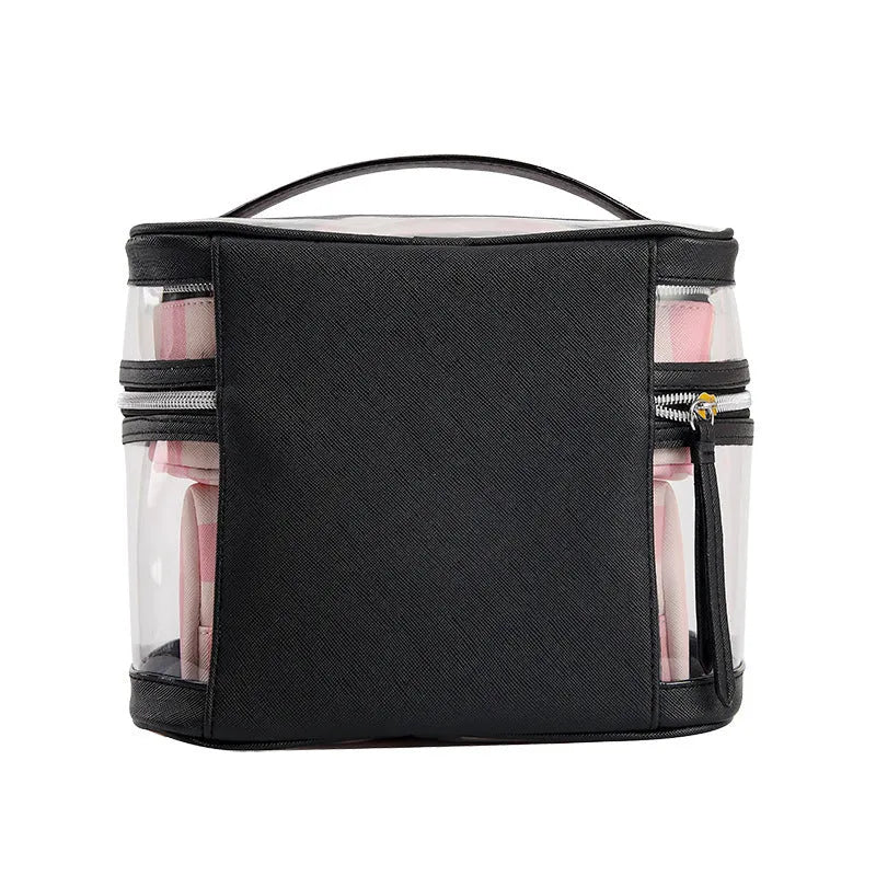 Pink floral pattern makeup bag with waterproof synthetic leather exterior and folding buggy design