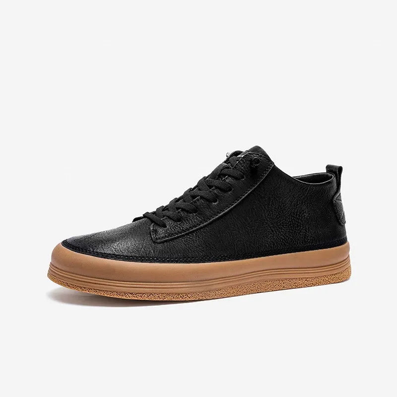 Men's black leather casual shoes with round toe, flat heel, and white laces on a rubber sole.