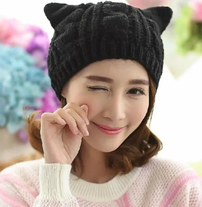 Hand-made knitted beanie hat with 3D cat ears in winter wool colours