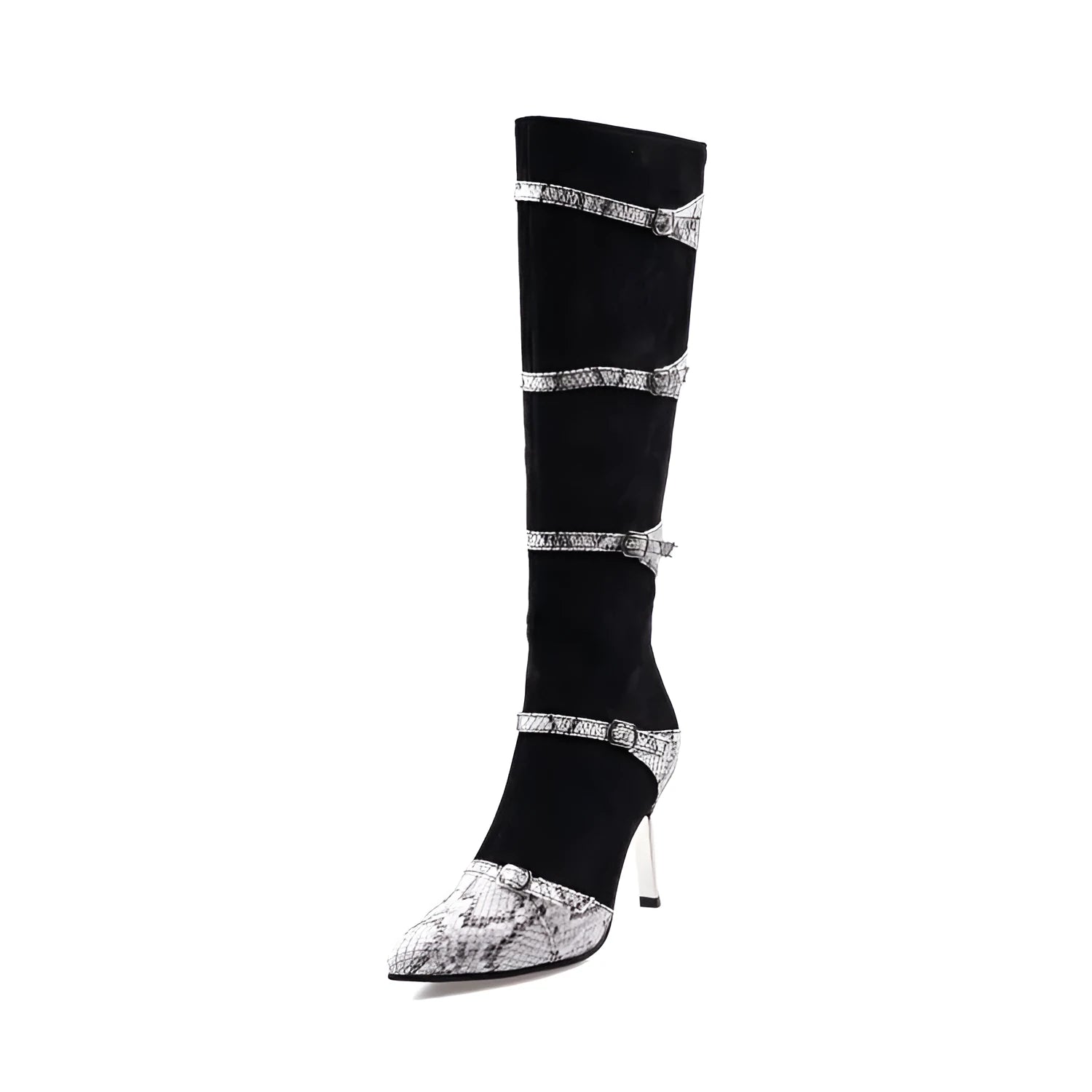 Women's grey and black knee high boots with 9cm thin heels and velvet lining
