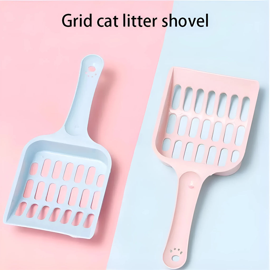 Blue plastic cat litter scoop showing 20cm length and 9cm wide head for cleaning pet toilet trays.