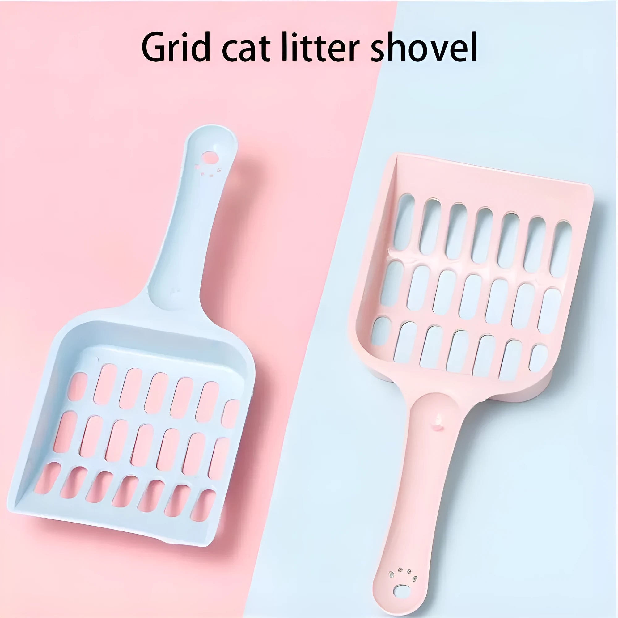 Blue plastic cat litter scoop showing 20cm length and 9cm wide head for cleaning pet toilet trays.