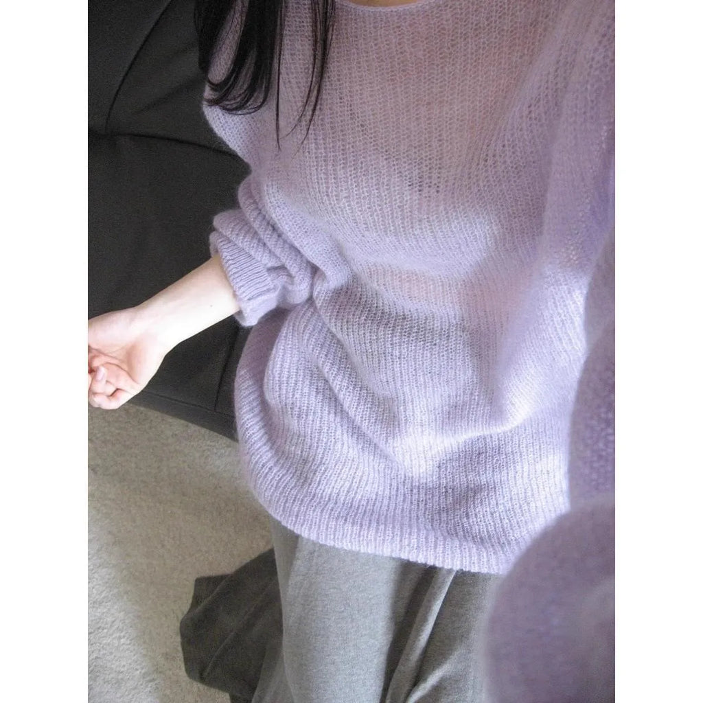 Purple women's ice silk blouse with princess sleeves and shoulder strap details