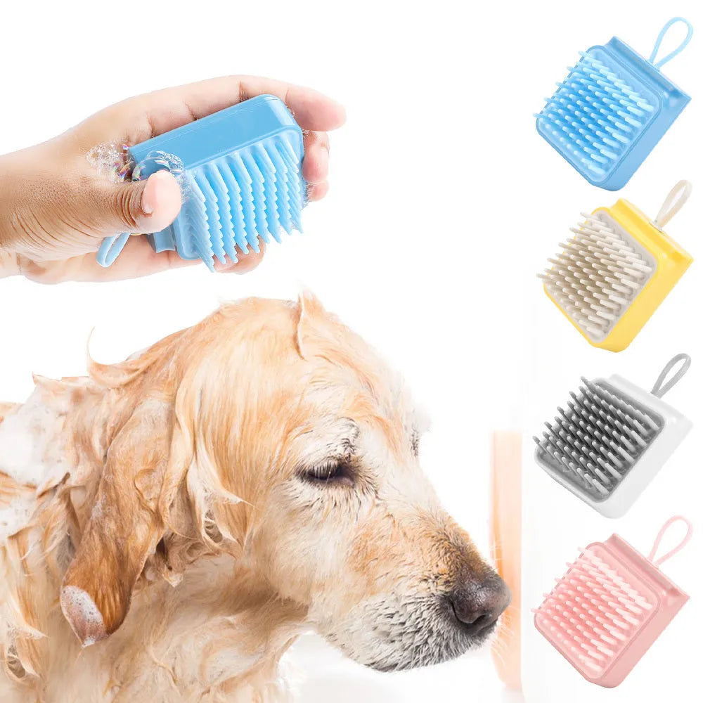 Pet dog cat bath brush with soft TPR prongs in blue colour, ergonomic design for wet and dry grooming