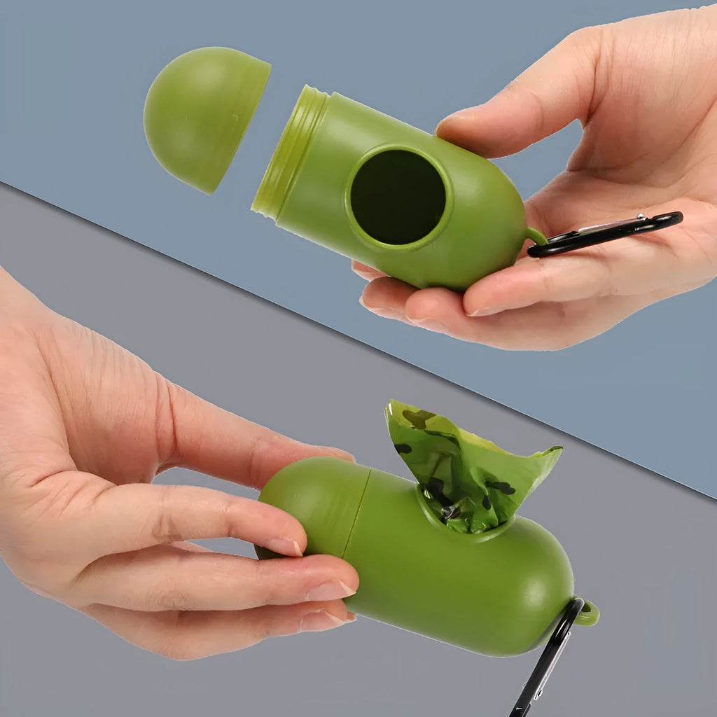 Military green degradable dog poop bags with black bone print, rolled with dispenser