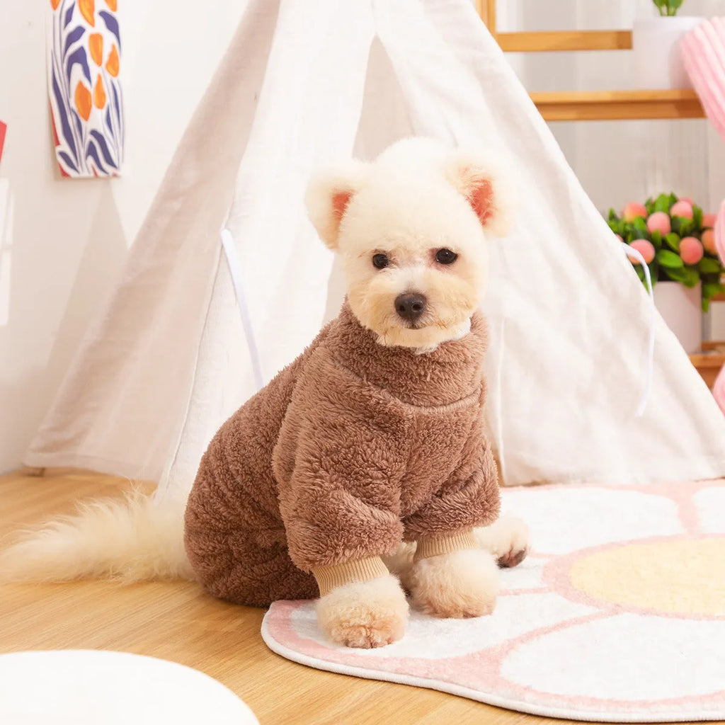 Khaki four-legged dog clothes with high collar and towing ring, made of double-sided plush cotton velvet.