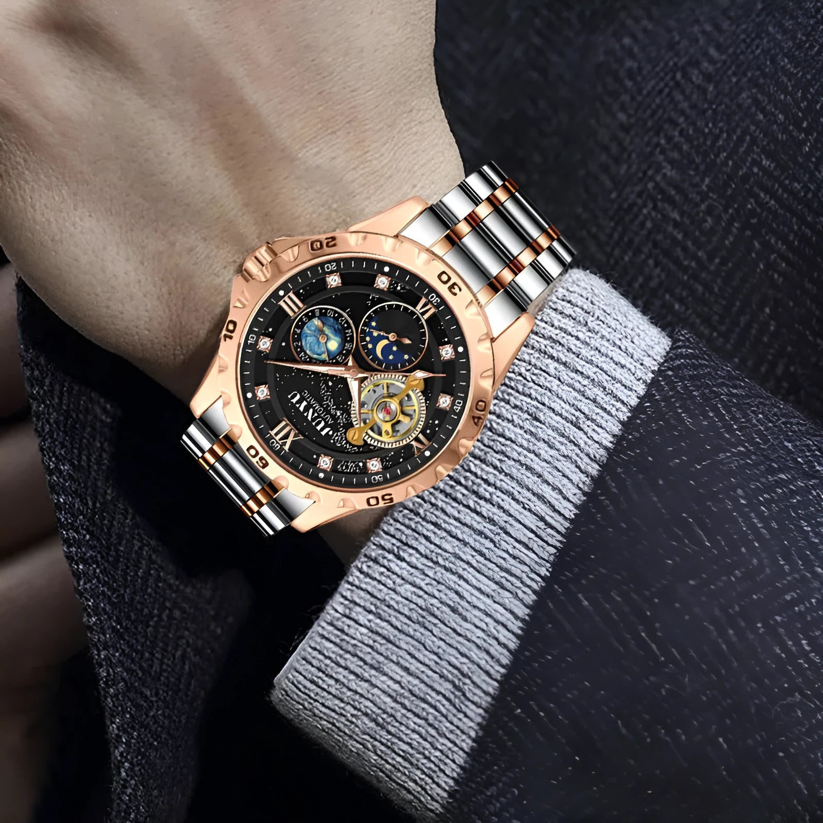 Men's automatic mechanical watch with luminous hands and waterproof case in gold, rose gold, or silver options