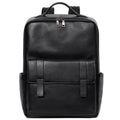 Men's black genuine leather computer backpack with woven detailing and physiological curve back plate