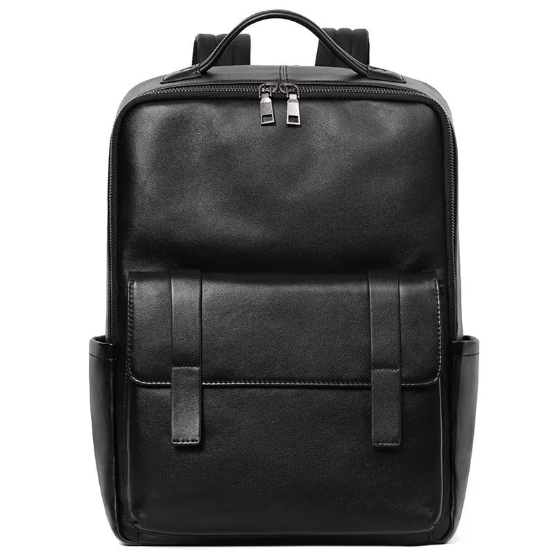 Men's black genuine leather computer backpack with woven detailing and physiological curve back plate