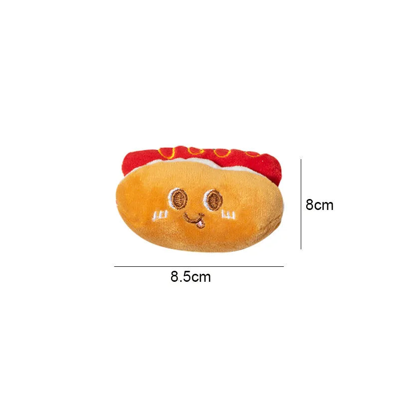 Cat mint plush chew toy set showing hamburger, chicken leg, fries, and hot dog shaped toys for kittens and cats