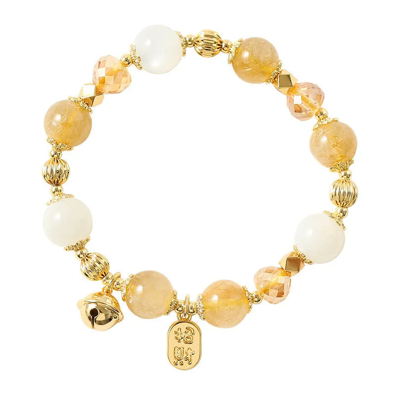 Gold electroplated rutilated quartz bracelet with ringing bell design in Korean style