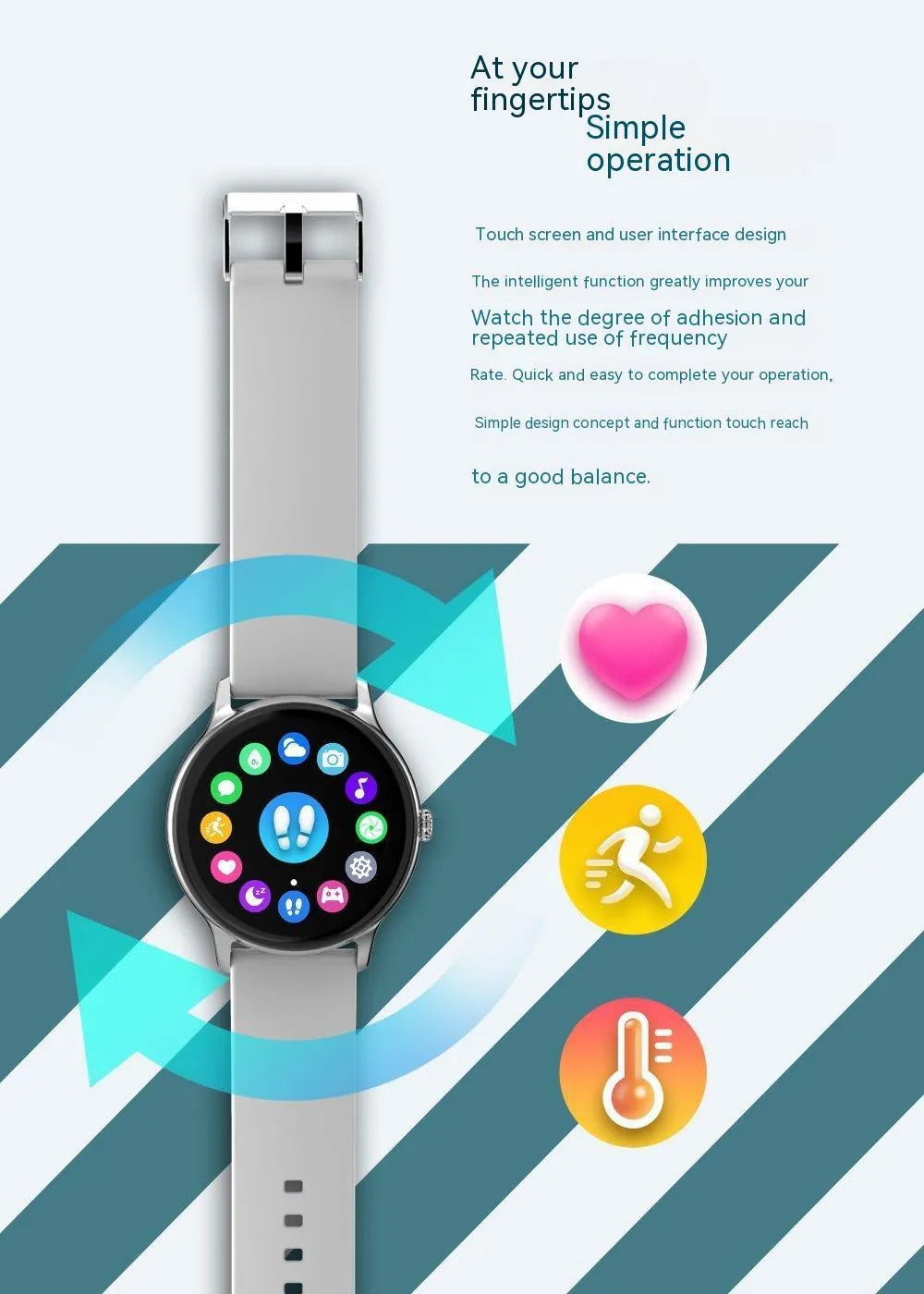 1.28-inch blood pressure health smart watch with heart rate monitor, black face, glass screen, side button