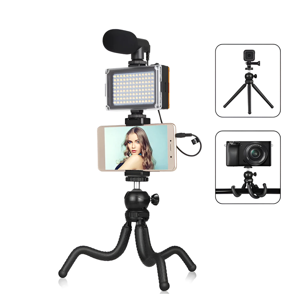 Black octopus tripod live broadcast kit with fill light and microphone for iPhone compatible content creation