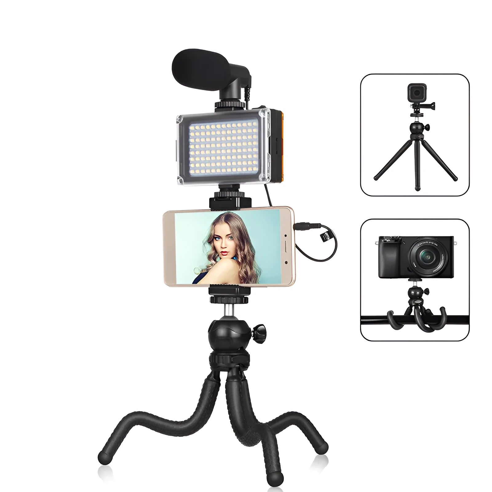 Black octopus tripod live broadcast kit with fill light and microphone for iPhone compatible content creation
