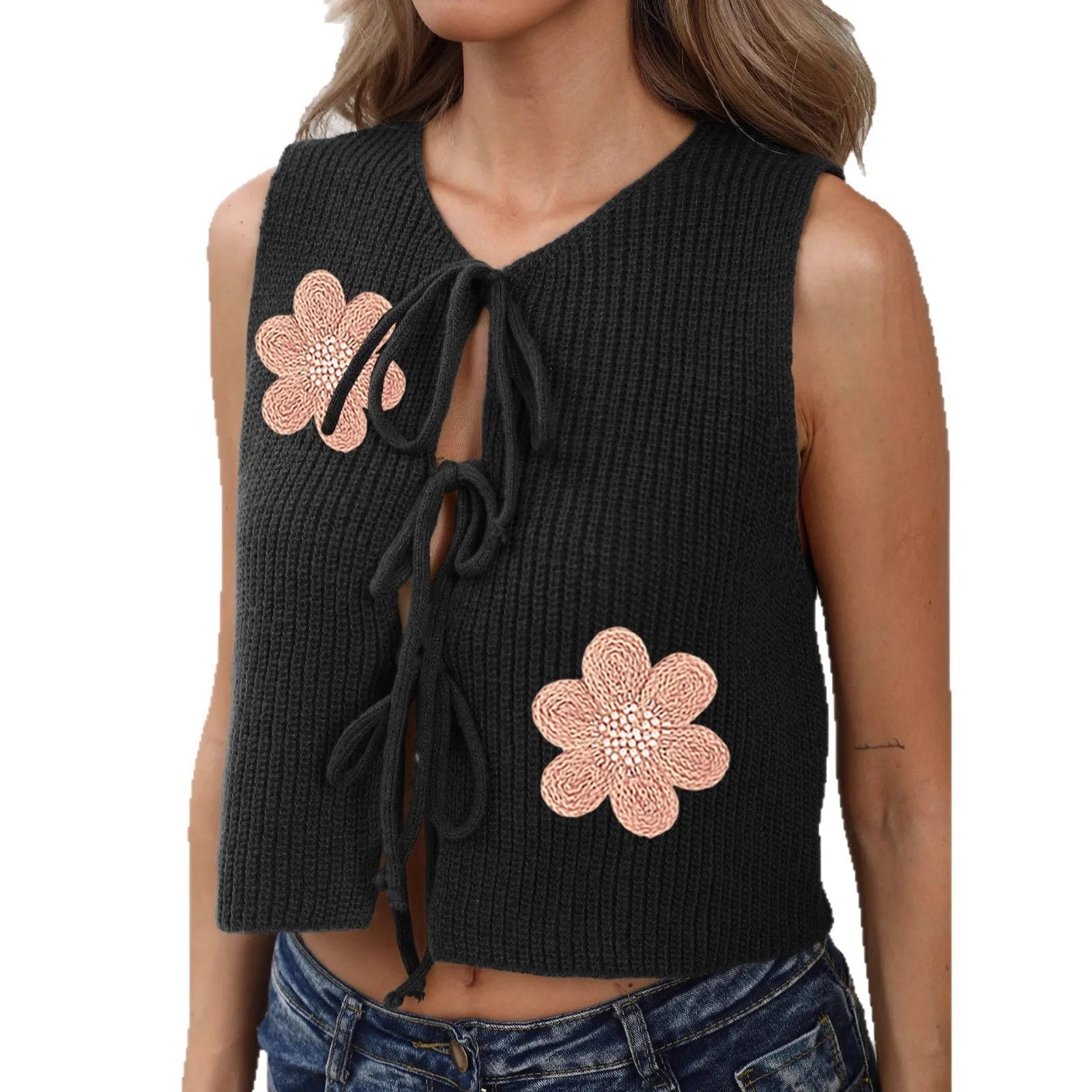 Women's sleeveless vest cardigan with lace-up straps and apricot flower pattern on textured fabric