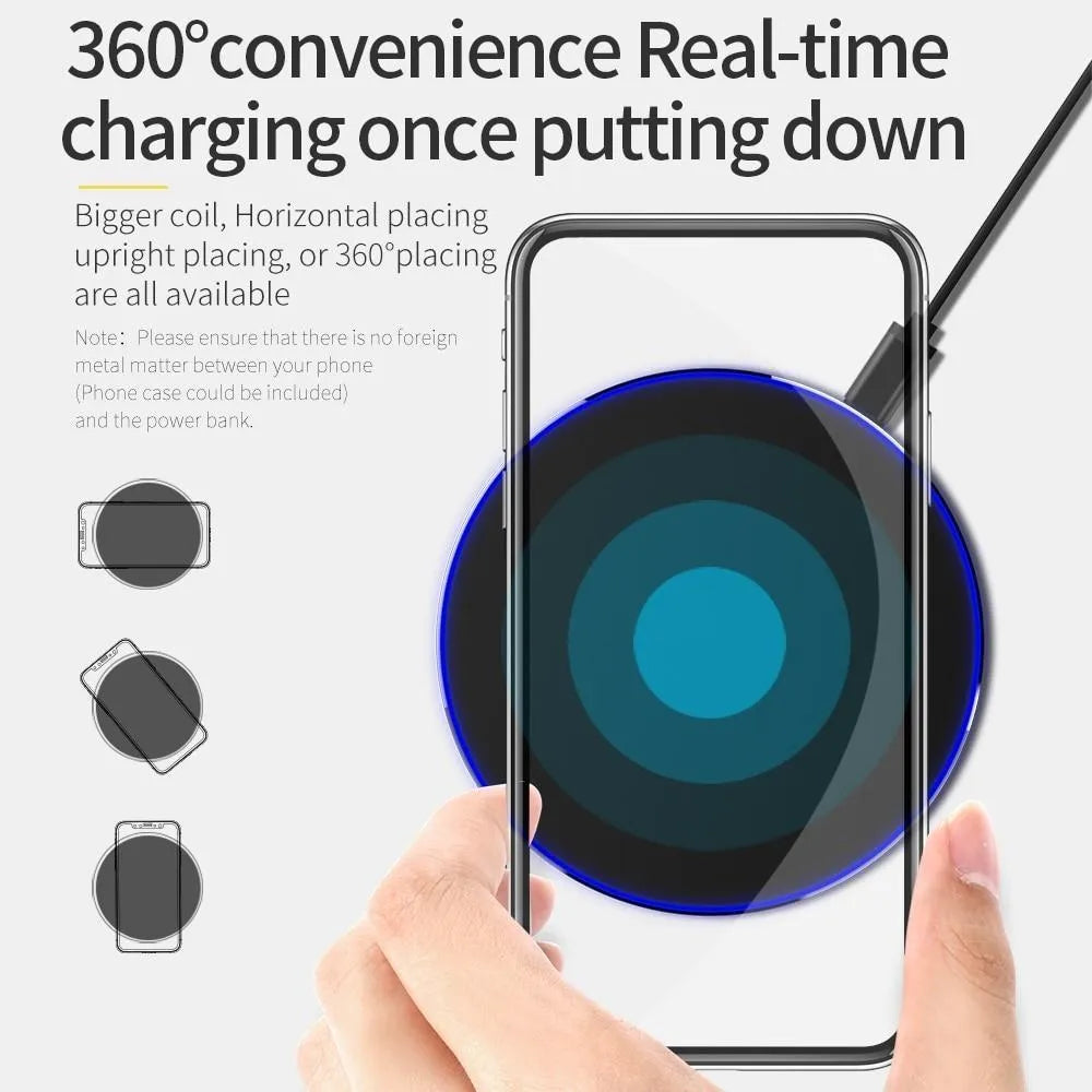 Black ultra-thin QI wireless fast charging pad with 98mm square dimensions and slim profile