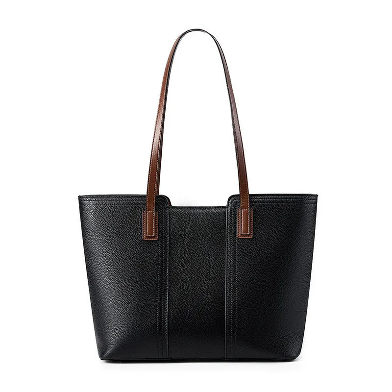 Women's black genuine cowhide leather commuter shoulder bag with horizontal square shape and multiple internal compartments