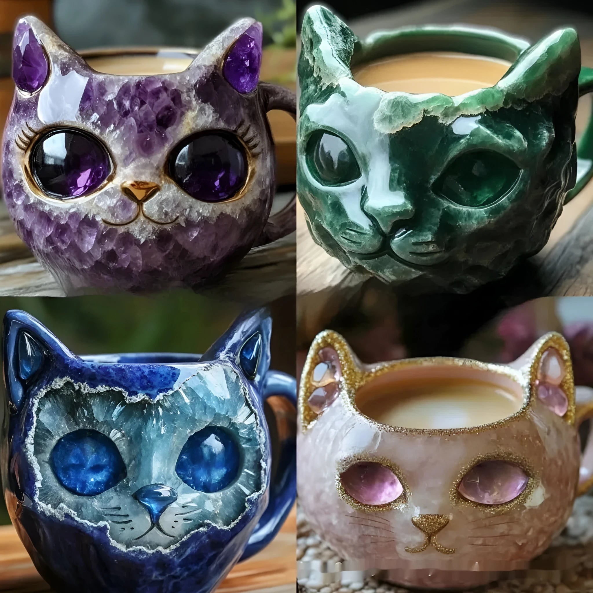 Purple resin geode mug shaped like a crystal cat silhouette on a wooden table.