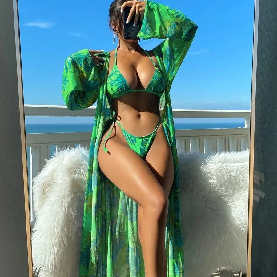 Two-piece banded bikini set with split long sleeve blouse and matching robe for swimming