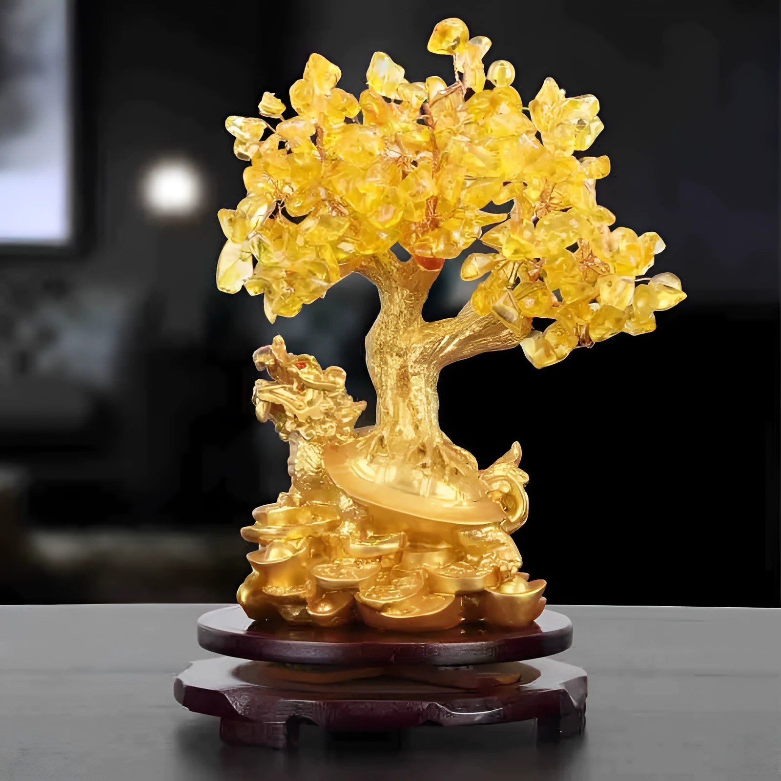 Citrine coloured resin Feng Shui money tree ornament with small water turtle design