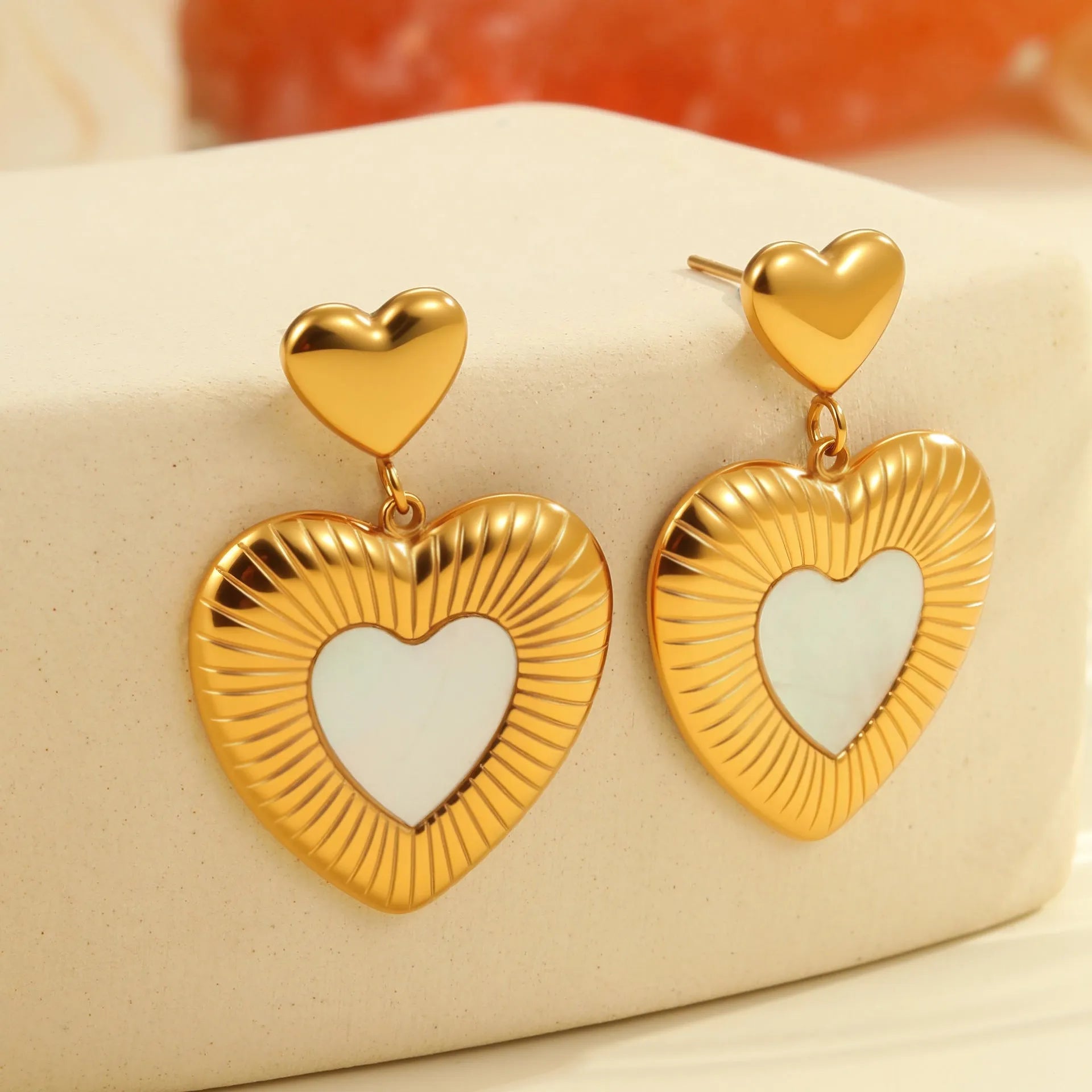 Gold electroplated stainless steel heart earrings with white fritillary pattern