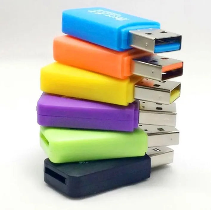 Mini USB TF memory card reader with a separate SD card adapter on a white background.