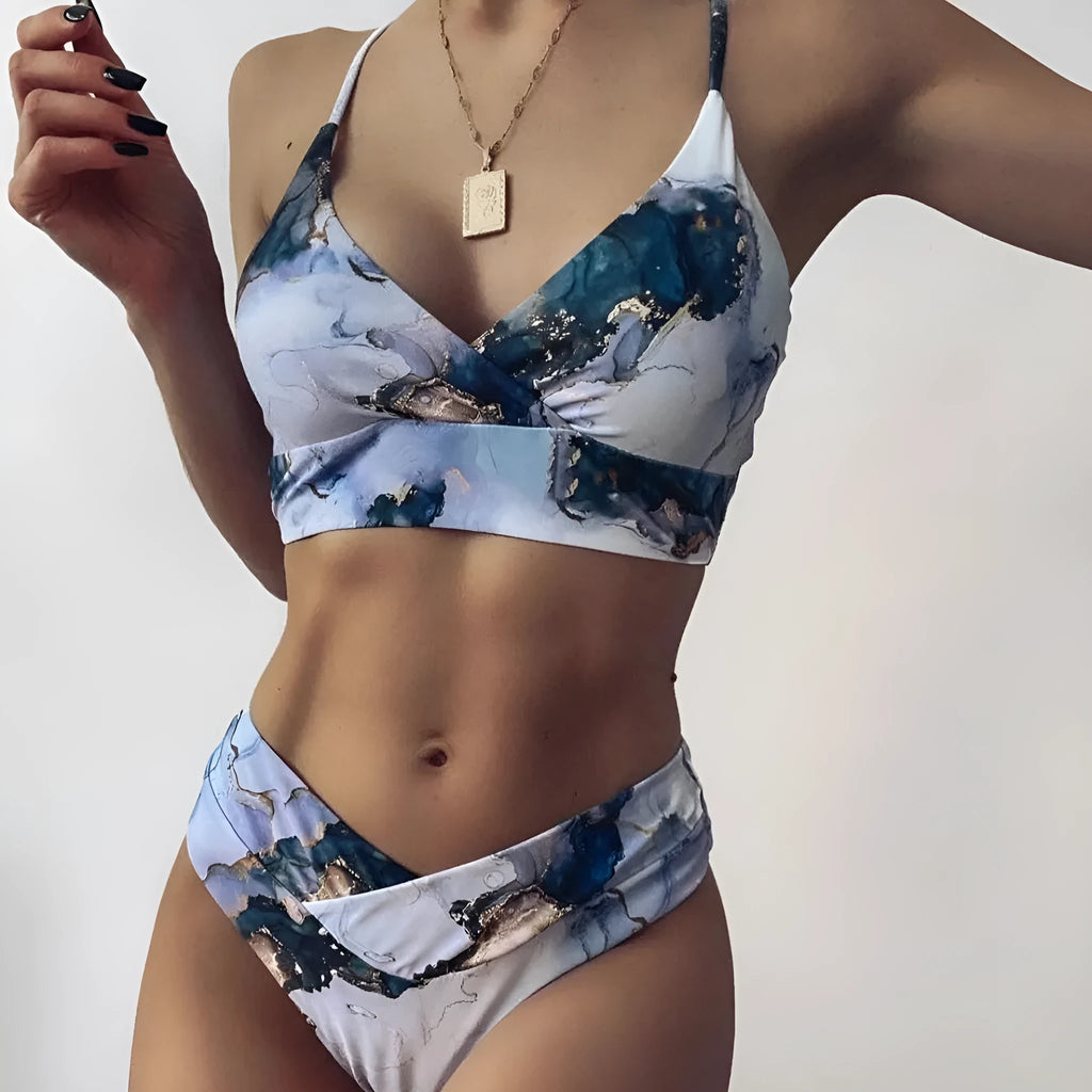 Women's marble tie-dye high-waist bikini set with U-neck top in blue colour variation