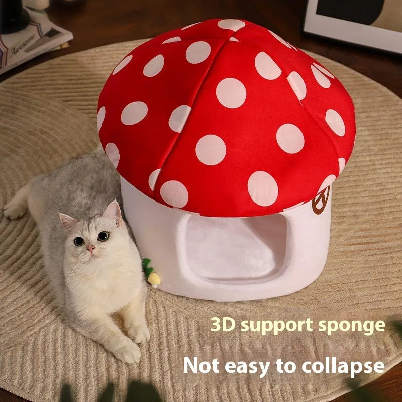 Semi-enclosed flannel cat bed mushroom design red umbrella finish for small cats indoor use
