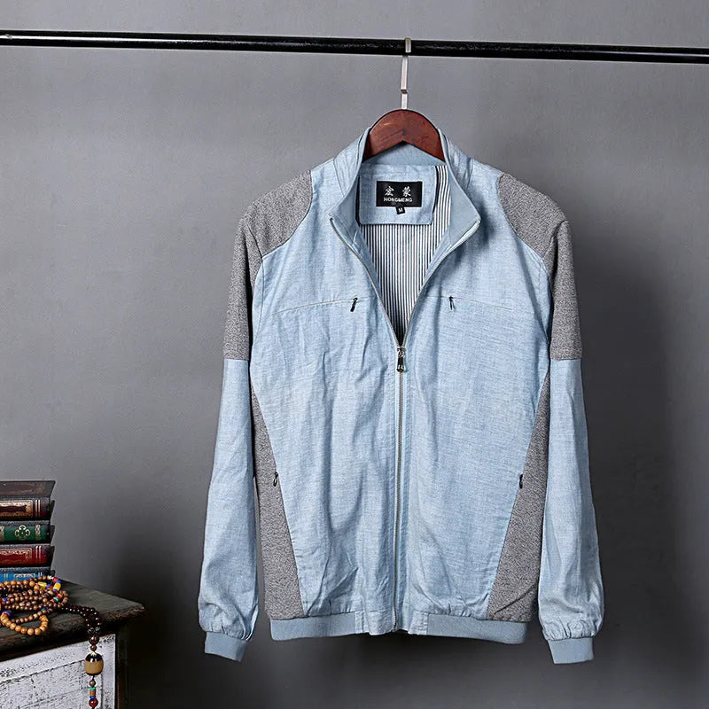 Men's thin cotton linen jacket in heather gray, grass green, or blue colours with regular fit