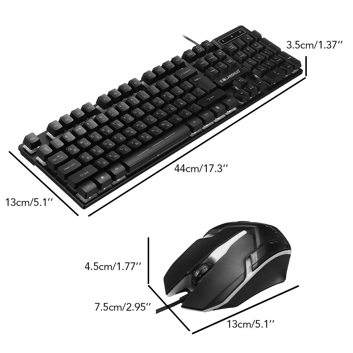 Black USB wired backlit keyboard and mouse set with multimedia keys on a desk